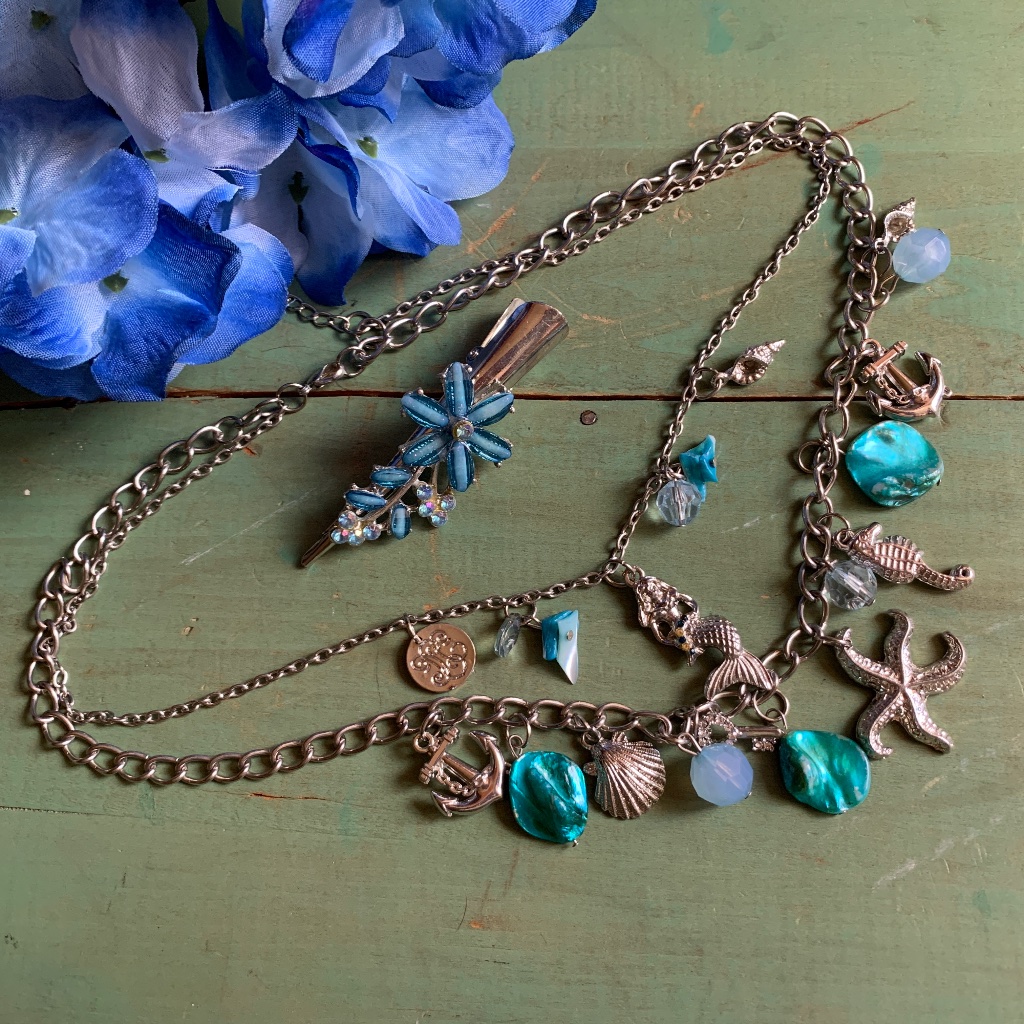 Boho Mermaid Starfish Shell Seahorse Charm Necklace & Blue Stone Hair Clip